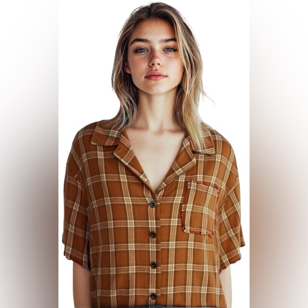 POL Oversized Rust Plaid Button Up Shirt NWOT